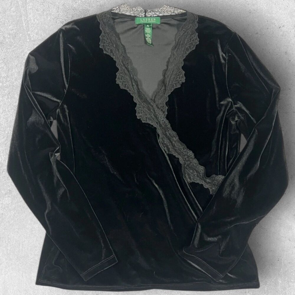 Lauren Ralph Lauren Womens Velvet Velour Lace Trim Top XL Black Whimsigoth Vamp